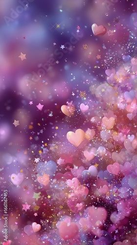 Bright Hearts and Stars in a Colorful Whimsical Background at Twilight