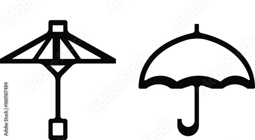 Umbrella icon set.Protection parasol symbol. Vector illustration isolated on white background. Folded parasol, open umbrella for rainy weather or sunshade.Umbrella different style icon set