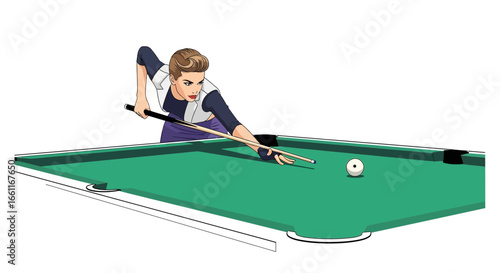 Vintage-style woman focusing on hitting a billiard ball on pool table
