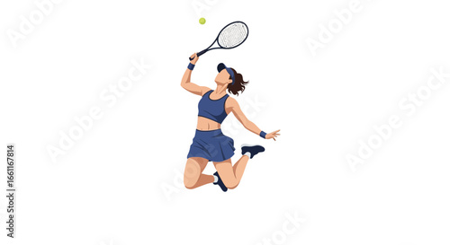 A dynamic tennis player in mid-air with racket poised to strike the ball