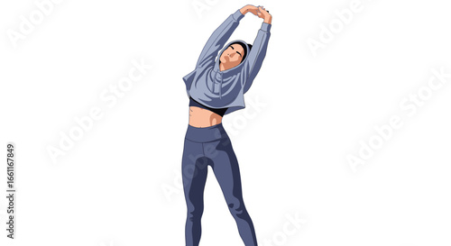 A Woman in Athletic Wear Stretching Arms Overhead for Relaxation Exercise