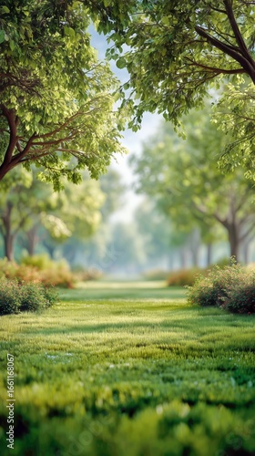 Serene Morning Light Illuminating Lush Green Grass in a Tranquil Garden Setting.