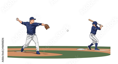 Captivating baseball action scene showcasing pitcher and batter teamwork
