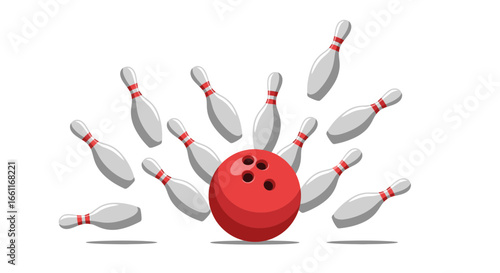 Bowling ball strike hitting pins, a vector graphic representation artwork