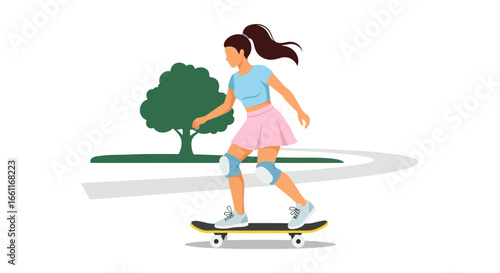 Cartoon illustration of a girl skateboarding in a park with a tree
