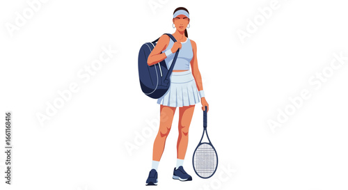 Confident female tennis player with racket and sports bag illustration