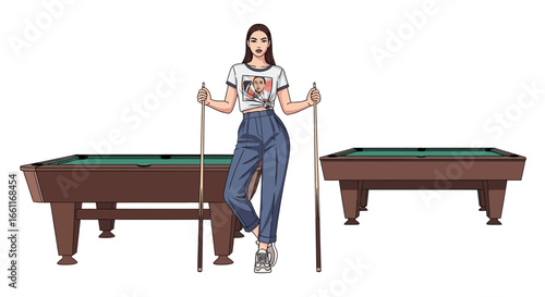 Confident woman posing with pool cues beside billiard tables illustration