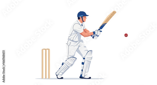 Dynamic cricket player swinging bat towards ball near wickets illustration