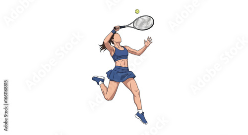 Dynamic illustration of a female tennis player in mid-air action shot