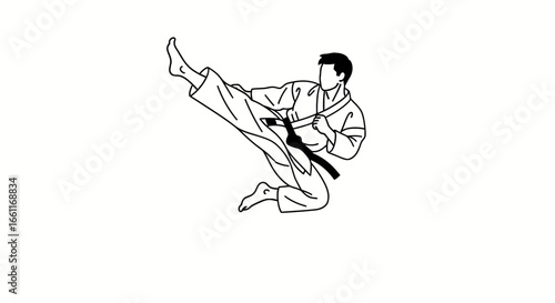 Dynamic karate practitioner performing a powerful kick line art illustration