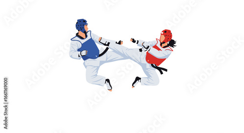 Dynamic taekwondo sparring match showcases high kick action and athletic prowess