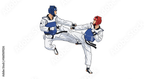 Dynamic taekwondo sparring scene showcasing agility and precision illustration