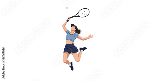 Dynamic tennis player jumping to hit the ball, isolated vector illustration