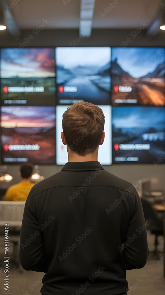 Fototapeta premium A man observing multiple tv screens on large wall