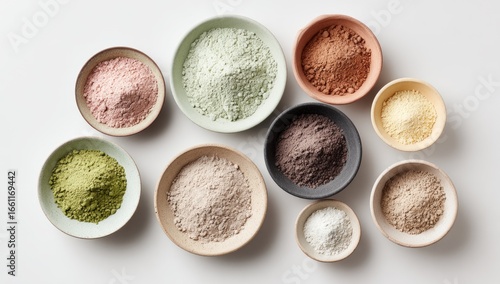 Assortment of vibrant colored powders in bowls, arranged on a white surface