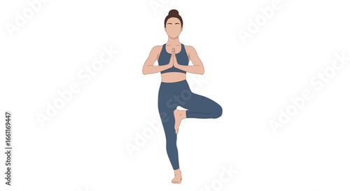 Elegant woman balancing in tree yoga pose, demonstrating flexibility