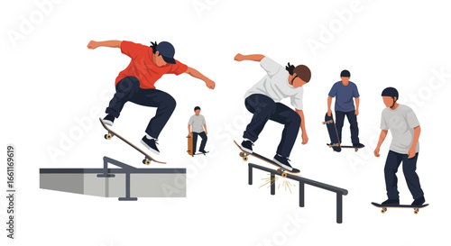 Extreme skateboarders performing stunts with friends hanging around the skatepark