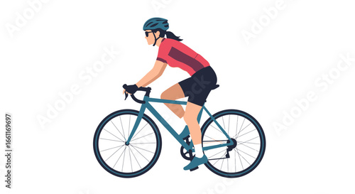 Female cyclist rides a road bike with helmet on white background illustration