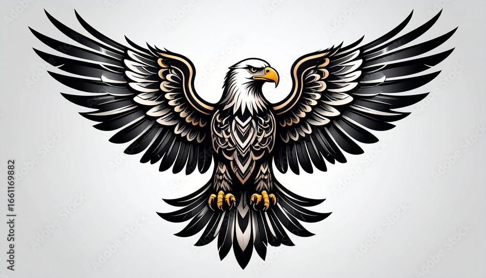 Obraz premium Intricate black-and-white eagle illustration with wings spread wide, detailed feathers, open beak, and sharp talons.