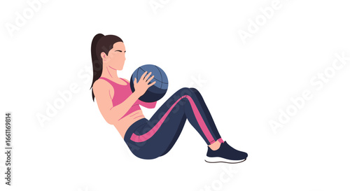 Fitness Woman Doing Abdominal Exercise with Medicine Ball on White Backdrop