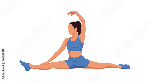 Flexible woman performing splits with arm raised, showcasing agility