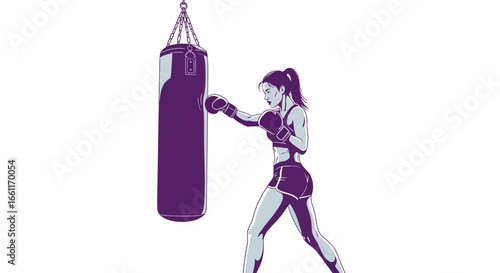 Illustration of a determined female boxer training with a punching bag