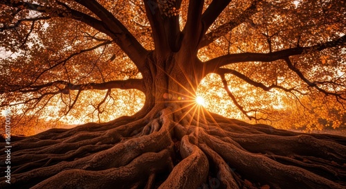 A large tree with sprawling roots and branches, illuminated by a bright light shining through its trunk.
