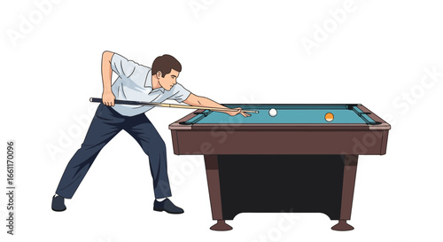 Illustration of a focused man playing pool with precision and concentration