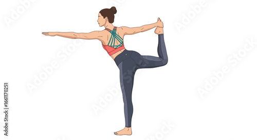 Illustration of a woman performing a yoga pose, balancing and stretching