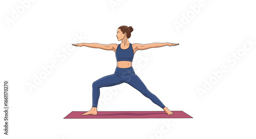 Illustration of a woman practicing the warrior pose in a yoga studio