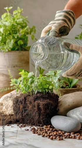 Gardening Activity With Watering Fresh Herbs in a Cozy Indoor Setting