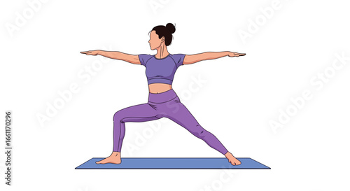 Illustration of a woman practicing warrior II pose on a yoga mat