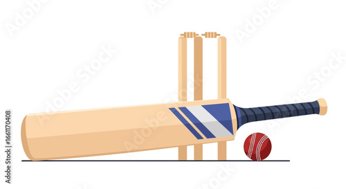 Illustrative cricket set with bat, ball, and wickets on a white background
