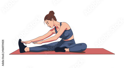 Illustrative artwork depicts a young woman deeply engaged in a leg stretch