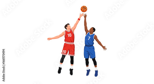 Intense basketball match between two players reaching for the ball on white