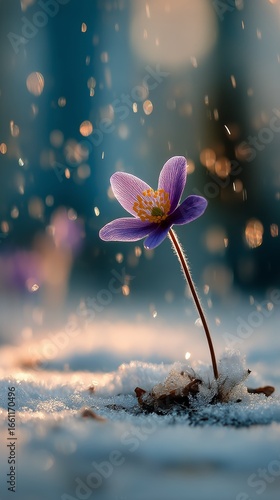 Resilient Flower Blooms in Snow During Rainy Dusk.