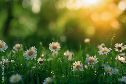 Daisies Bloom in a Sunlit Meadow During Golden Hour of Early Evening.