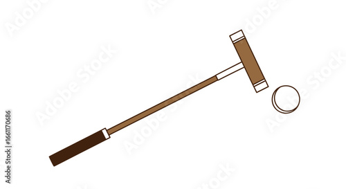 Minimalist croquet mallet poised to strike a ball on a white background