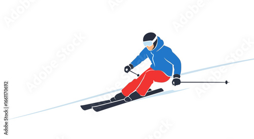 Minimalist illustration of a skier gliding down a snowy slope with style