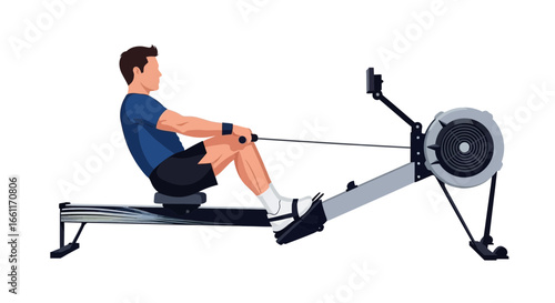 Person using a rowing machine for cardio workout and strength training