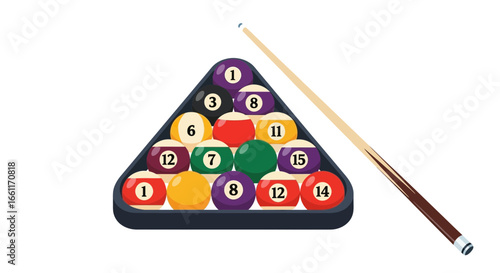 Pool game balls in a rack with cue for billiards isolated on white