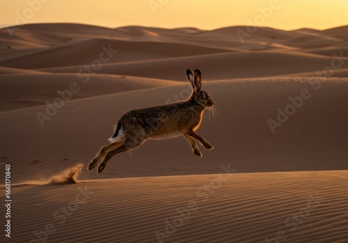 A realistic wild hare running and jumping across golden desert sand dunes during a beautiful warm sunset.