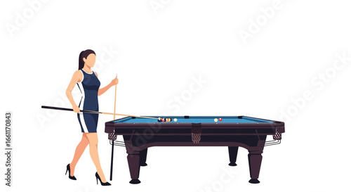 Pool player lady with billiard cue near billiard table ready to play