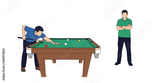 Pool game depicted with player aiming and observing friend attentively