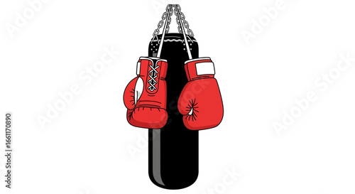 Red boxing gloves hanging on a black punching bag fitness equipment
