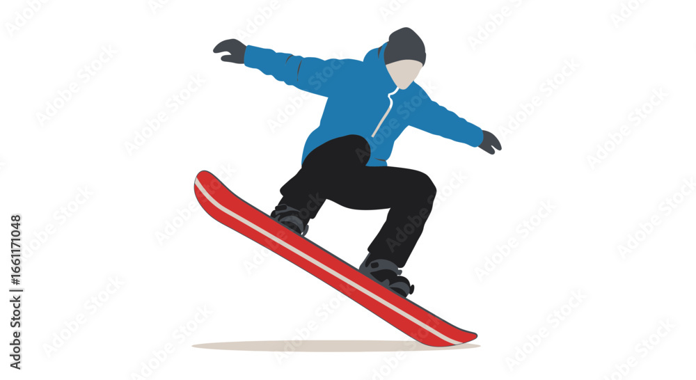 Obraz premium Snowboarder performing mid-air trick on a red board with white background