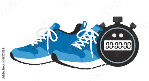 Sports footwear alongside stopwatch for timed fitness and training purposes