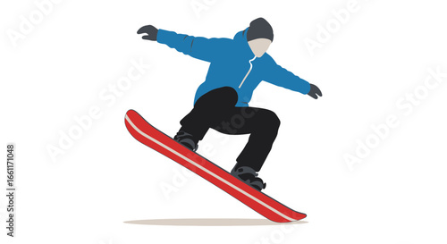 Snowboarder performing mid-air trick on a red board with white background