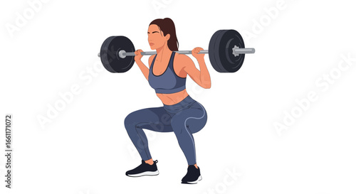Sporty woman performing barbell squats in a fitness setting with determination