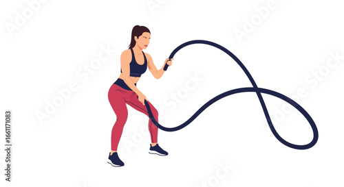 Strong fitness woman doing crossfit with battle rope for fitness training